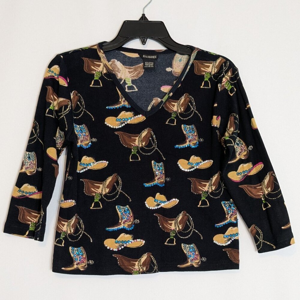 RAAKHEE Black/Brown Knit Short Pullover Top; Western Cowgirl Bling; Size S